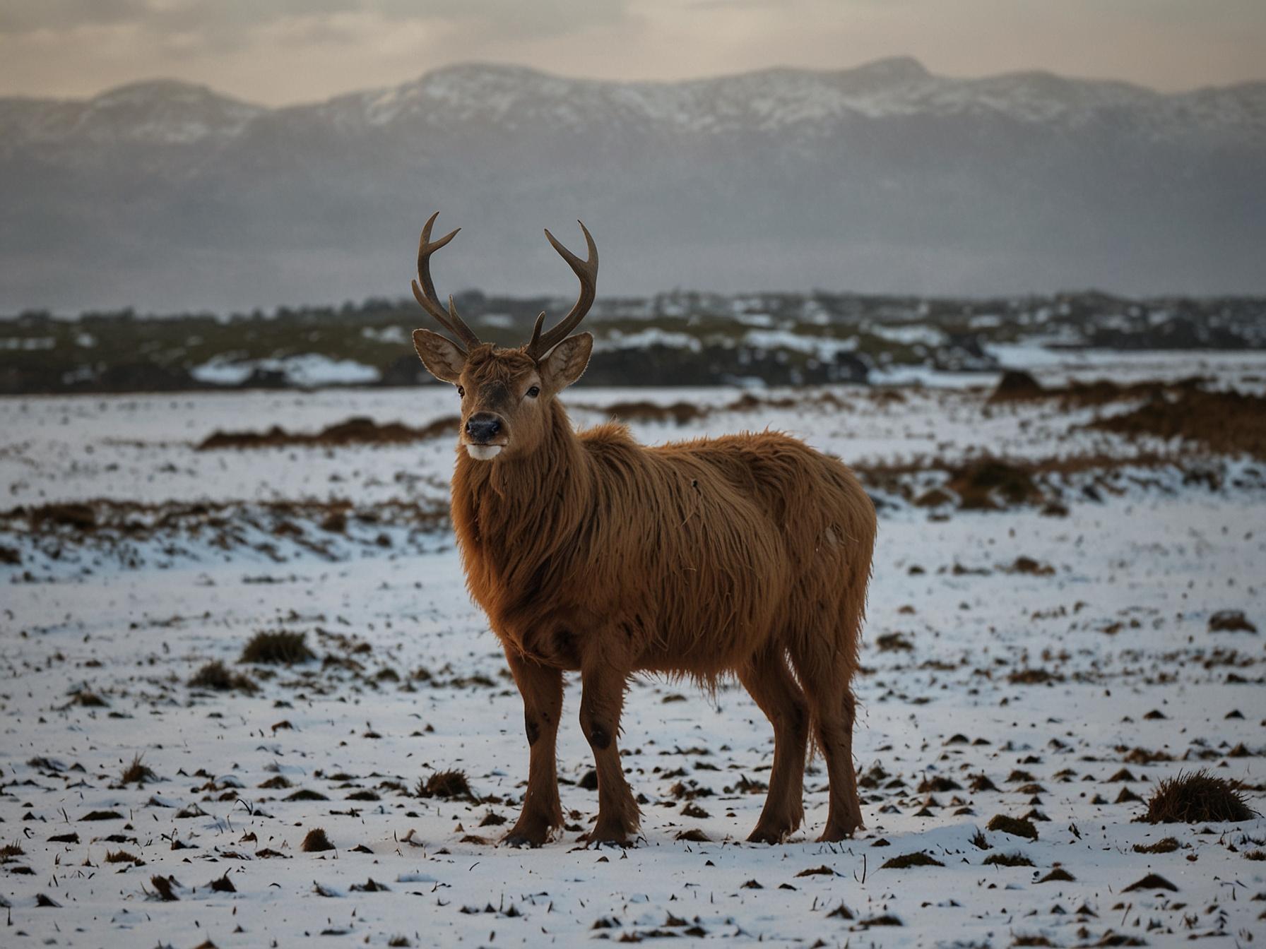 A red deer with antlers stands on a snowy, open plain with scattered patches of grass. In the distance, mountains rise beneath a cloudy sky—a serene glimpse of Ireland in February.