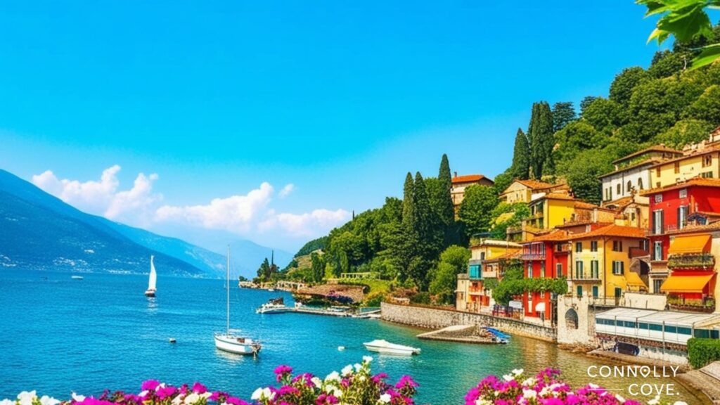 Colorful buildings line a scenic lakeshore with sailboats gliding on clear blue water, surrounded by lush green hills and blooming flowers. This idyllic scene reflects the charm that draws Italians to embrace domestic tourism. Image marked “Connolly Cove.”.