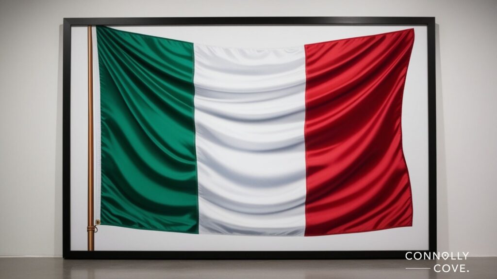 A framed Italian flag with green, white, and red vertical stripes displayed indoors. The fabric appears smooth and slightly wavy. The logo Connolly Cove is visible in the bottom right corner, reflecting Tourism in Italy Statistics and cultural pride.