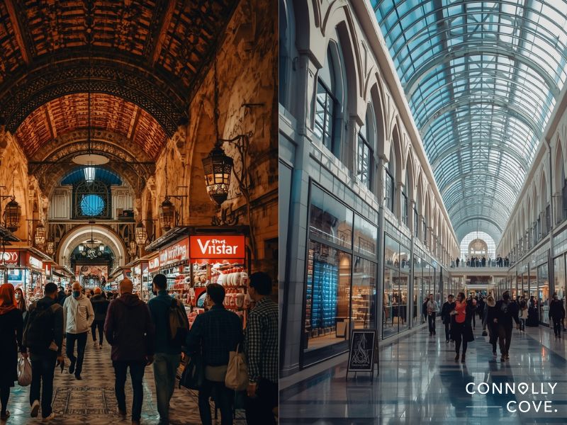 Split image showing two shopping malls: the left side features a warm, historic interior with ornate ceilings and crowds, while the right showcases a modern Shopping Mall in Egypt with a glass roof and sleek storefronts. Text: Connolly Cove.