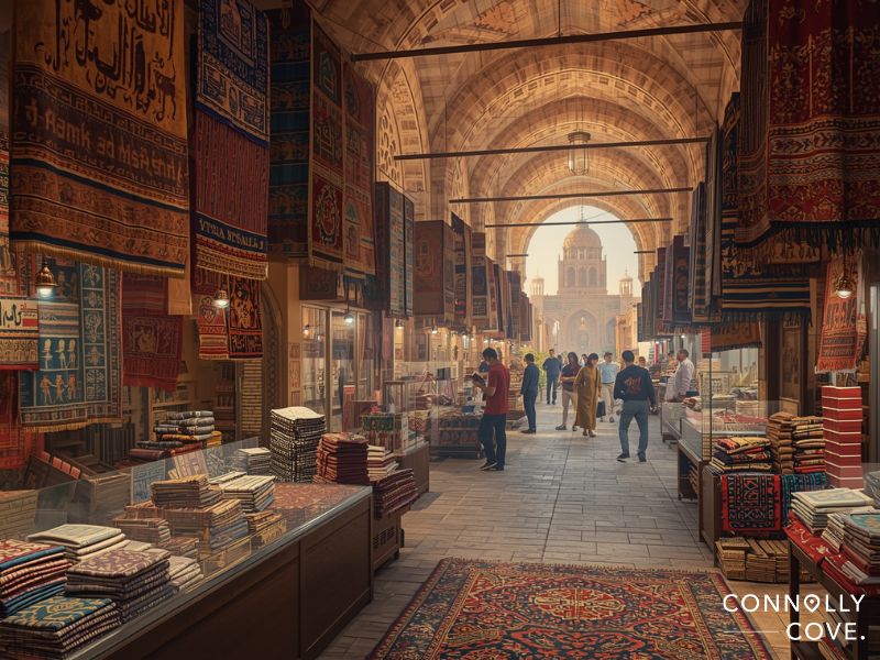 A bustling indoor market with high arched ceilings, filled with colorful carpets and textiles. Reminiscent of historic Malls in Egypt, people browse as sunlight streams through the arches, highlighting intricate rug patterns. Connolly Cove is written in the corner.