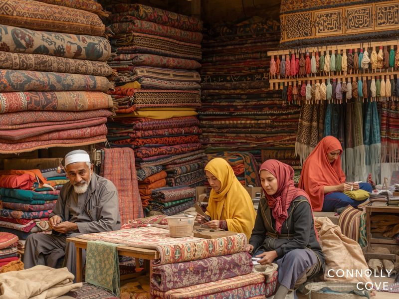 Four people, three women in colorful hijabs and a man in a white cap, work among stacks of vibrant woven rugs and textiles in a market or shop, capturing the rich patterns and warm colors often found in malls in Egypt.