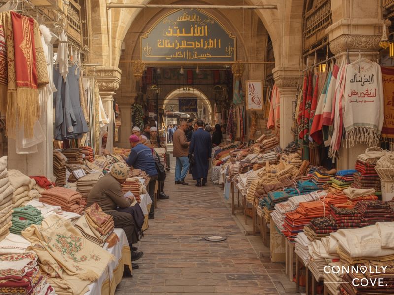 A bustling Middle Eastern market with colorful textiles and fabrics neatly stacked on tables, people shopping in Egypt, and Arabic signs hanging above stone archways.