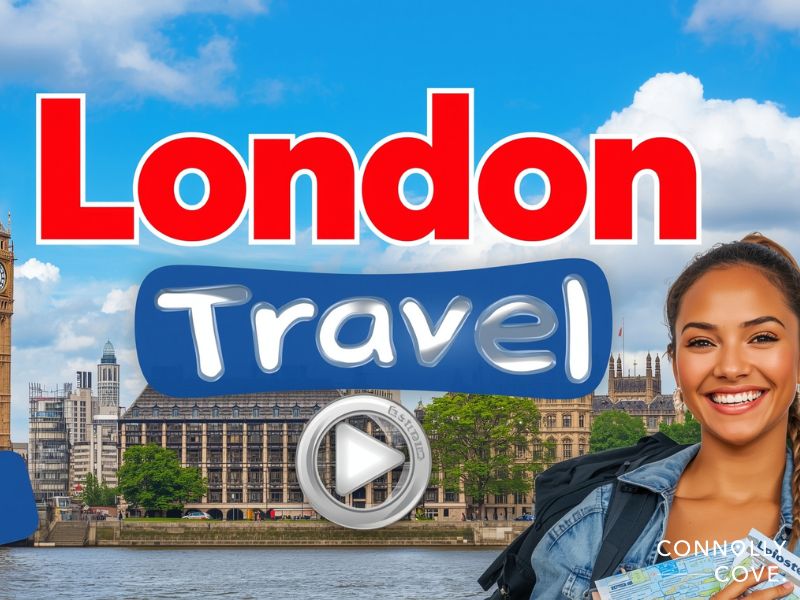 A smiling woman holding a map stands before the iconic landmark, the Houses of Parliament in London, England. Large text reads “London Travel” with a play button icon over the Thames River.