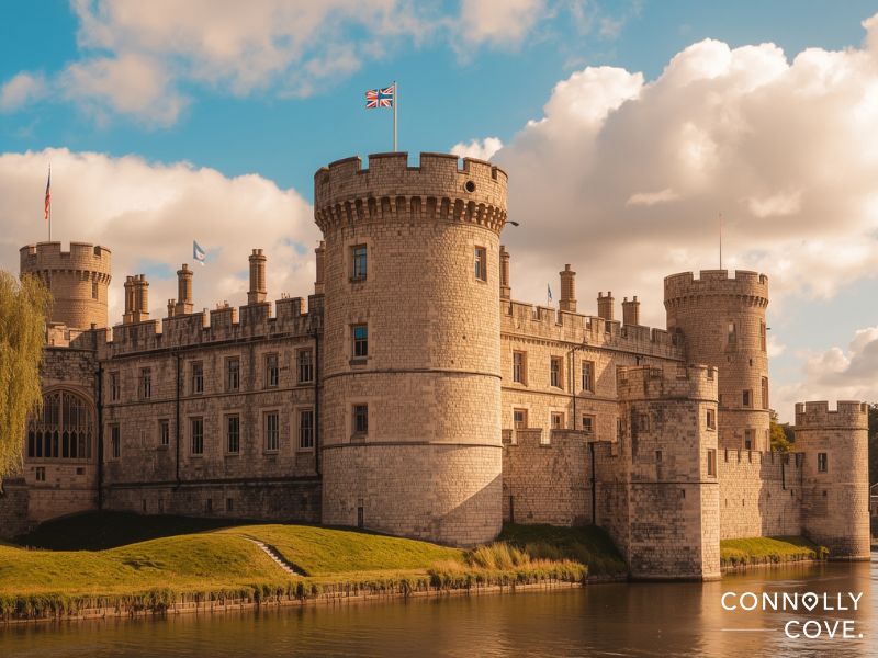 A majestic stone castle with round towers and battlements sits by a calm river under a partly cloudy sky—an iconic sight to add to your London itinerary. The British flag flies atop the main tower. Connolly Cove is written in the bottom right corner.
