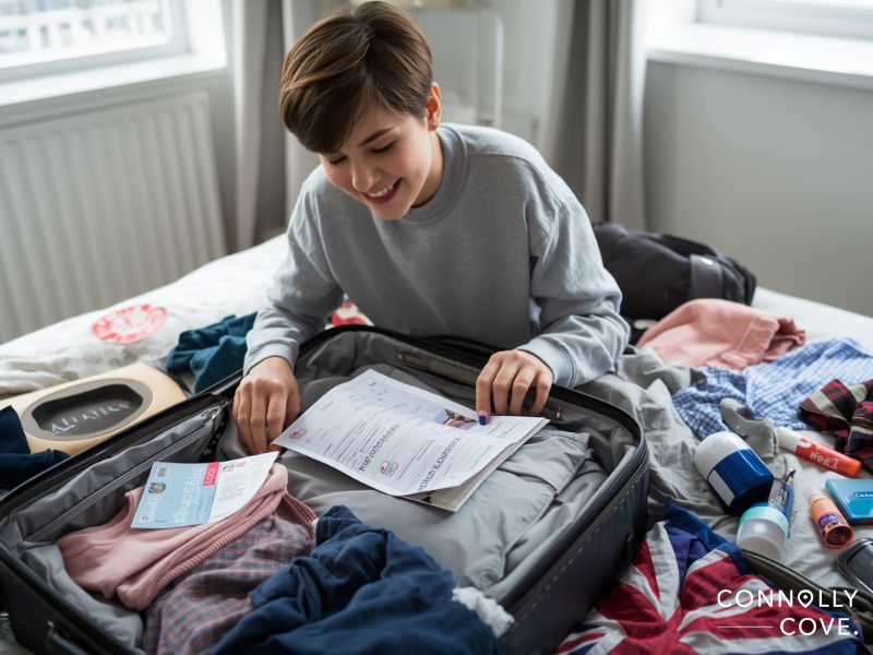 A smiling person packs a suitcase on a bed, holding travel documents for their London itinerary. Clothing and toiletries are scattered around, while sunlight streams through a window in the background.