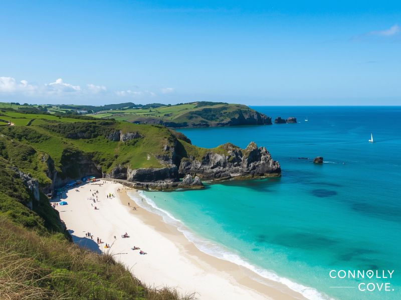 A sandy beach with turquoise water, cliffs, and green hills on a sunny beach day. People relax on the sand and swim, while a sailboat drifts in the distance. CONNOLLY COVE is written in white text at the bottom right.