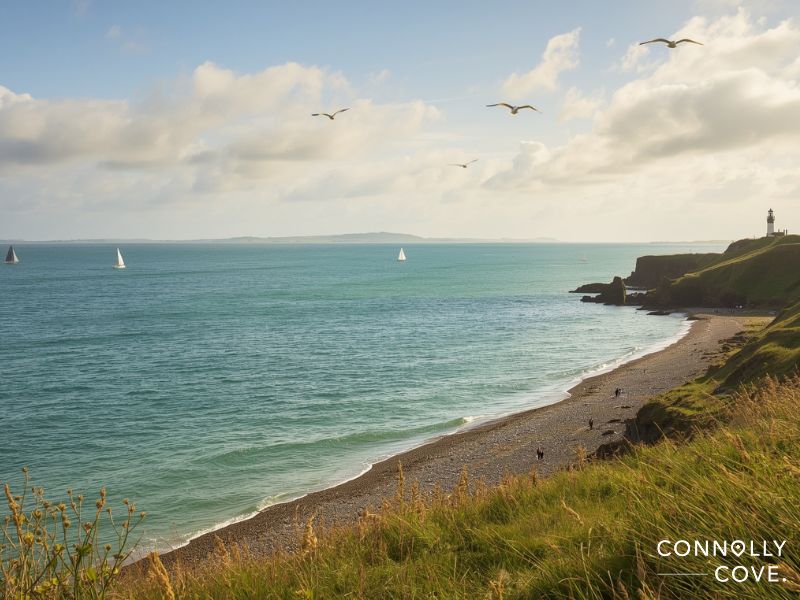 A scenic view of an English Beach features a rocky coastline with a sandy beach, gentle waves, and sailboats on turquoise water. Seagulls fly above, and a lighthouse stands on a distant grassy cliff under a partly cloudy sky.