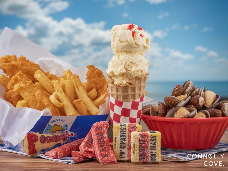 A basket of fish and chips, assorted candy bars, a cone with two scoops of ice cream, and a bowl of clams sit on a wooden table in an English Beach seaside town beneath a blue sky and overlooking the sea.