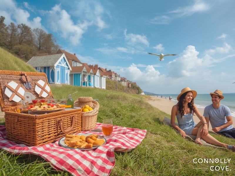 A couple enjoys a picnic on a grassy hill by the English Beach, with a basket and food on a red checkered blanket. Colorful beach huts and houses line the shore of this charming seaside town under a blue sky with a flying seagull.