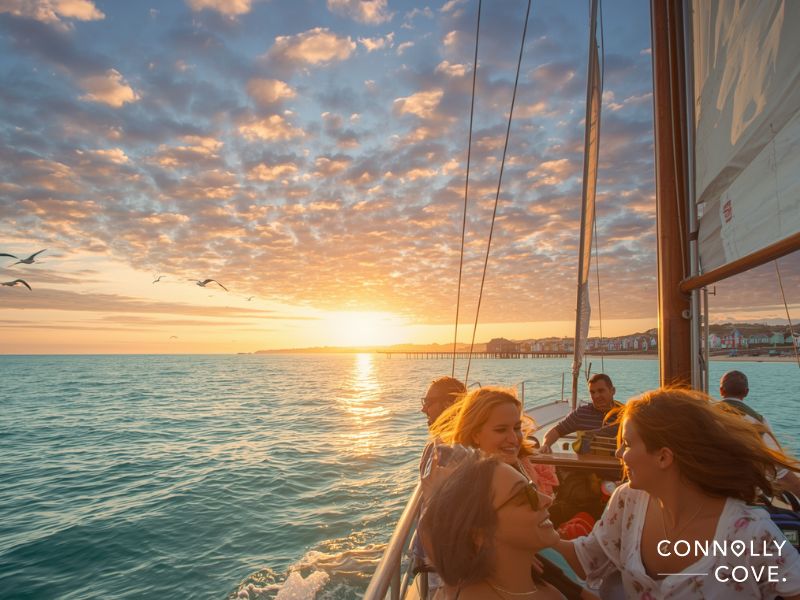 A group of people are smiling and enjoying a boat ride at sunset, with calm blue water in an English seaside town, seagulls flying, and a pier in the distance under a colorful, cloudy sky. Connolly Cove is written in the corner.