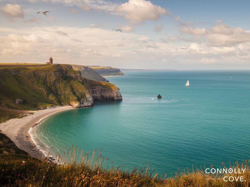 A sweeping coastal view shows turquoise water, dramatic cliffs, and a sandy beach—perfect for a classic English Beach day. A sailboat glides by as seabirds soar overhead. Grassy cliffs stretch into the distance. Connolly Cove is written in the bottom right.