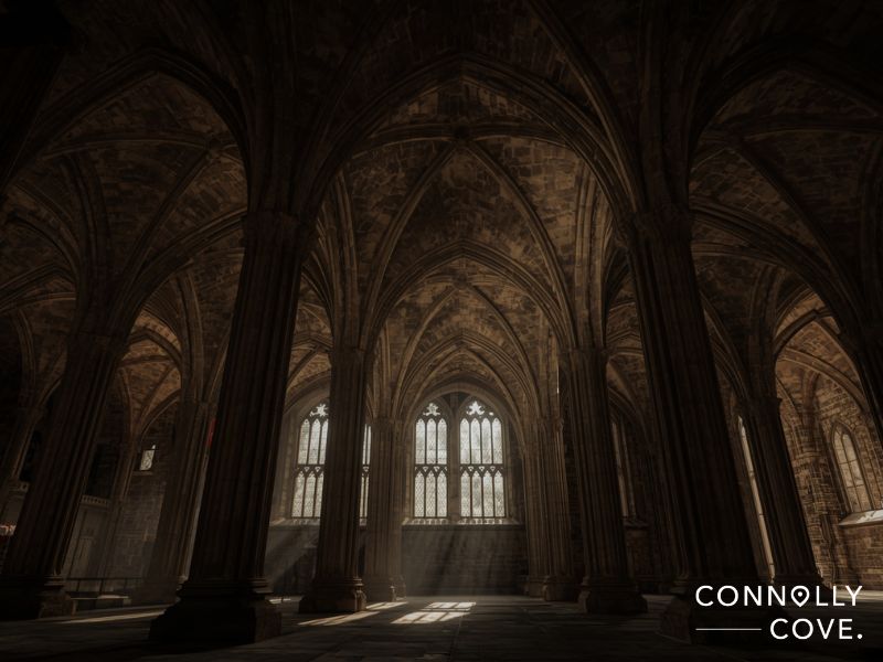 Glasgow Cathedral Lower Church interior with stone pillars and Gothic vaulting used for Frankenstein confession scenes
