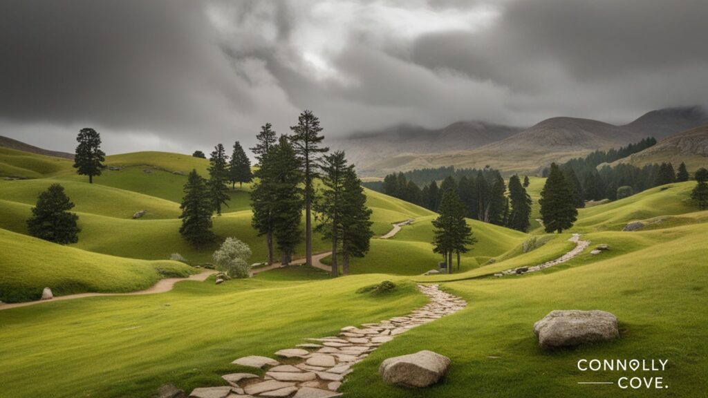 A winding stone path leads through rolling green hills dotted with trees under a cloudy sky, with distant mountains partly covered by mist—a scene reminiscent of the stunning parks in Wales, UK. Connolly Cove is written in the bottom right corner.