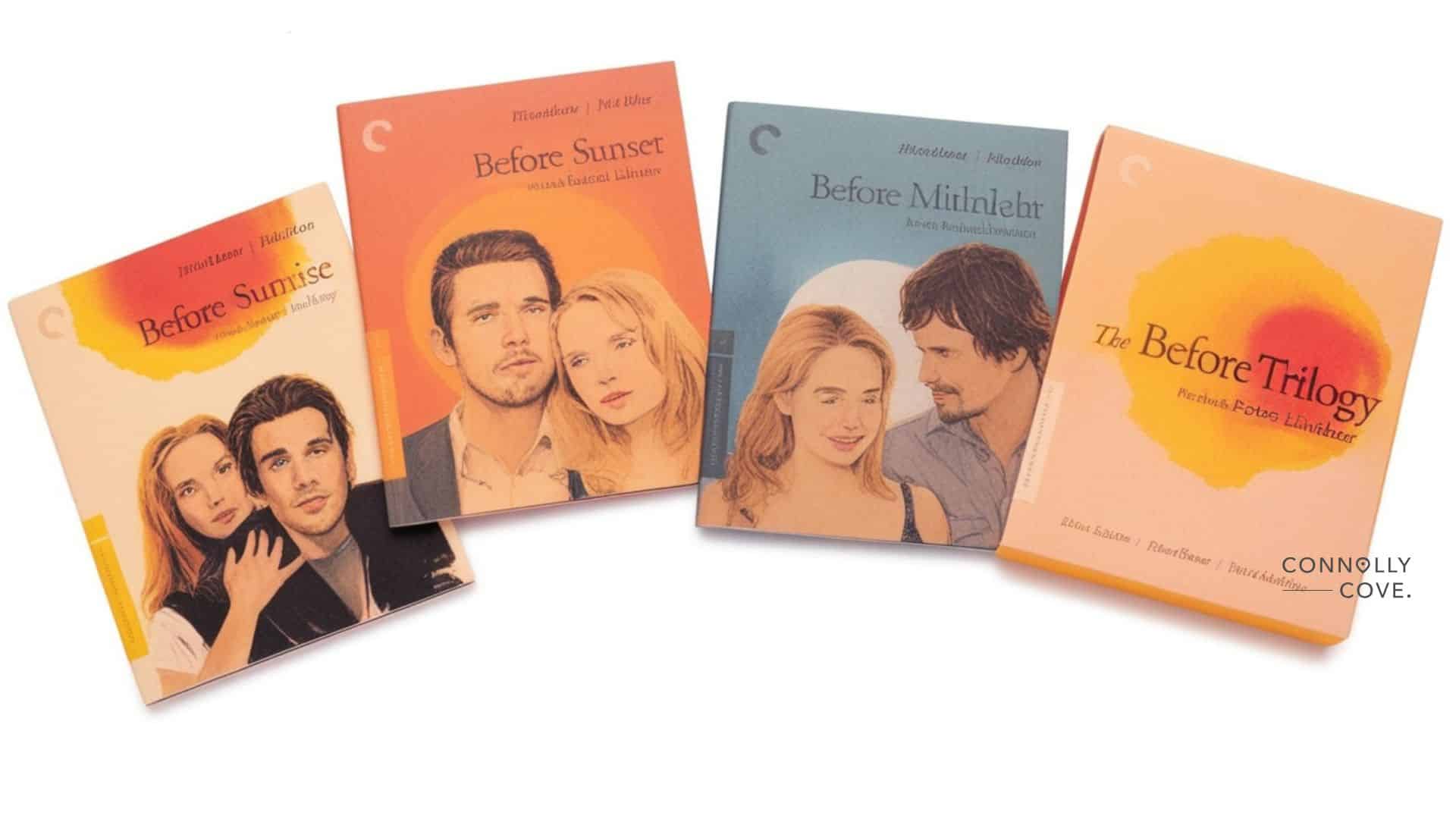 Four DVD cases of the Before Trilogy films—Before Sunrise, Before Sunset, and Before Midnight—are arranged side by side, each featuring illustrated portraits of the main characters set against a Paris-inspired backdrop.