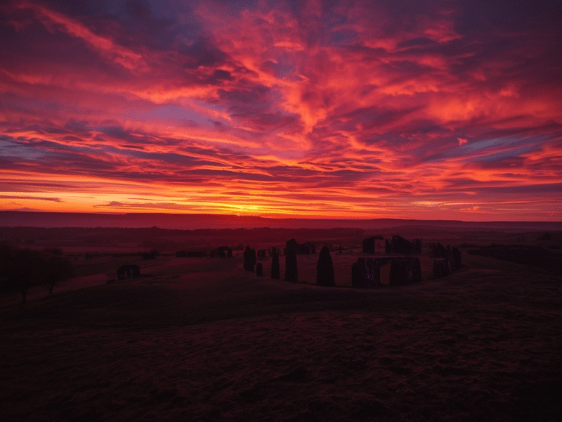 Sunset over the Hill of Tara in County Meath showing ancient Celtic earthworks