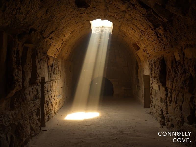 Winter solstice sunlight illuminating Newgrange passage tomb chamber in Ireland