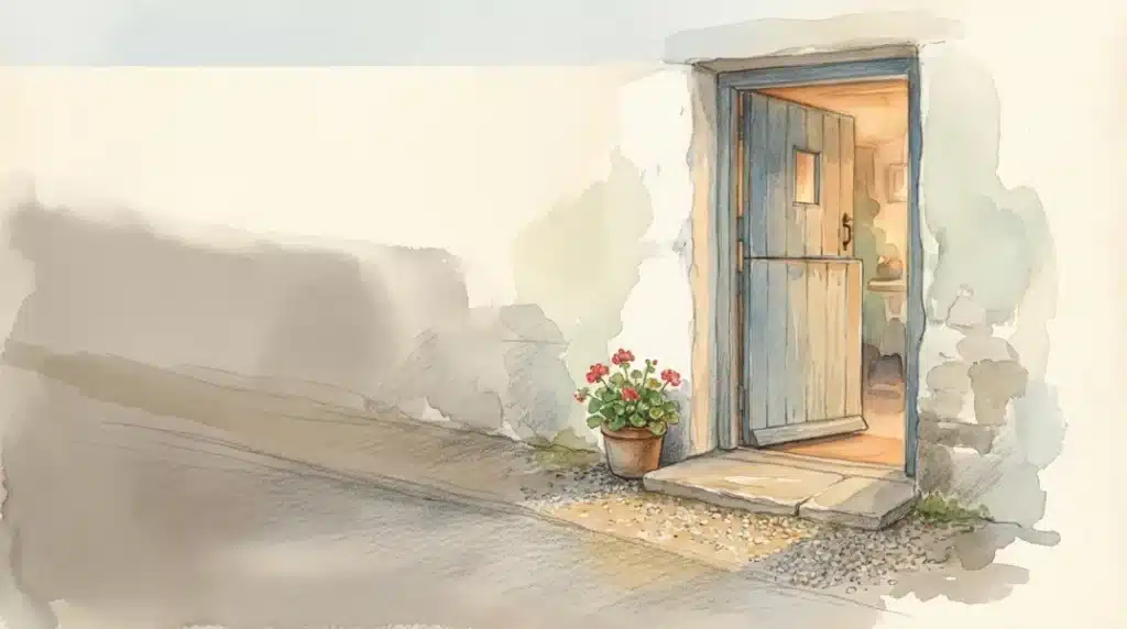 Watercolour of a half-open Irish cottage door with warm light on the step, where blessings are spoken