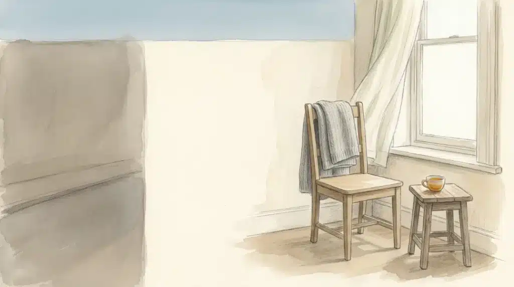 Watercolour of an empty chair by a sunlit window with a folded shawl, an image of quiet remembrance