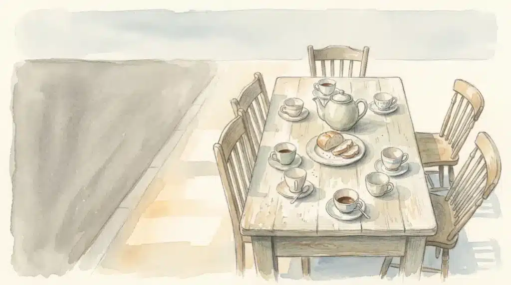 Watercolour of a kitchen table crowded with teacups after a gathering, the Irish American Wake tradition