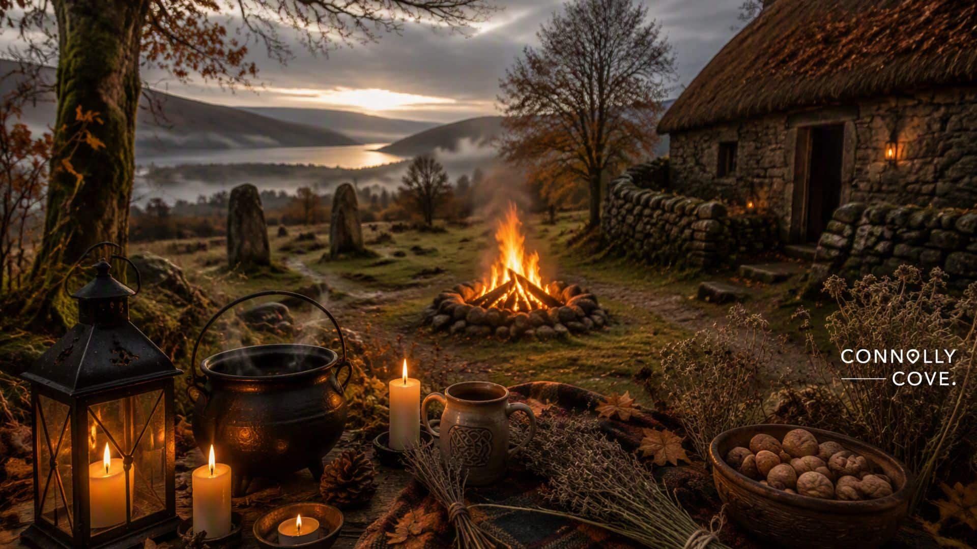 A cosy outdoor scene with a campfire, candles, and rustic objects on a table near a stone cottage, surrounded by trees and hills at dusk. Drawing inspiration from Irish Autumn and Winter Folklore Traditions, the air carries the crisp chill of autumn turning to winter. Mist covers a distant lake under a dramatic sky, evoking the enchanting spirit of folkloric gatherings in the colder seasons.