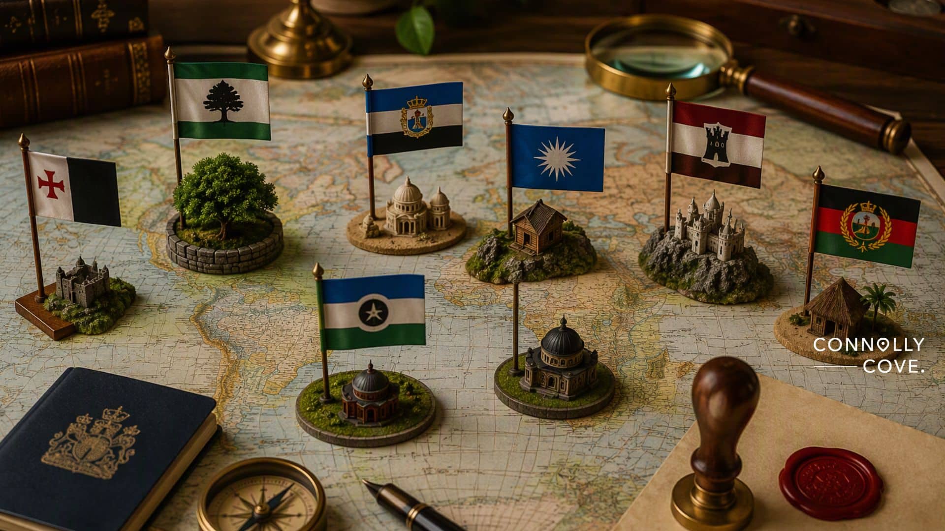 Miniature flags and buildings representing various micronations are displayed on a vintage map, with books, a magnifying glass, passport, and a wax seal nearby. The scene has an explorer or travel theme.