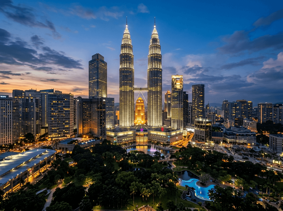A cityscape at dusk featuring the illuminated Petronas Twin Towers in Kuala Lumpur, Malaysia, with surrounding skyscrapers, lit buildings, and a park with water features in the foreground—a stunning view that highlights one of the top things to do in Kuala Lumpur.