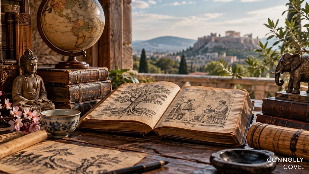 A vintage desk with an open book showing sketches and proverbs from around the world, a globe, books, a Buddha statue, teacup, and elephant figurine. In the background is a cityscape with ancient ruins on a hill.