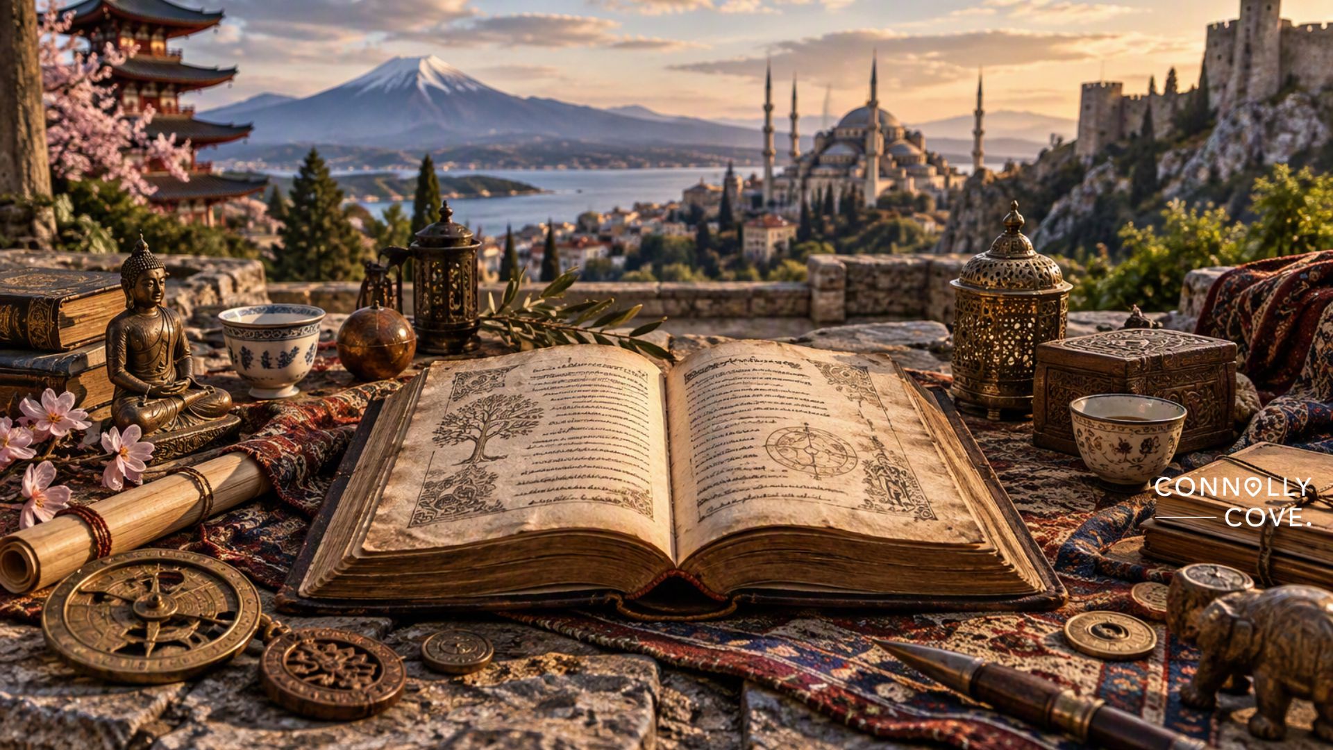 An old open book filled with proverbs from around the world sits among antiques and scrolls outdoors, overlooking mountains, water, and grand buildings at sunset.