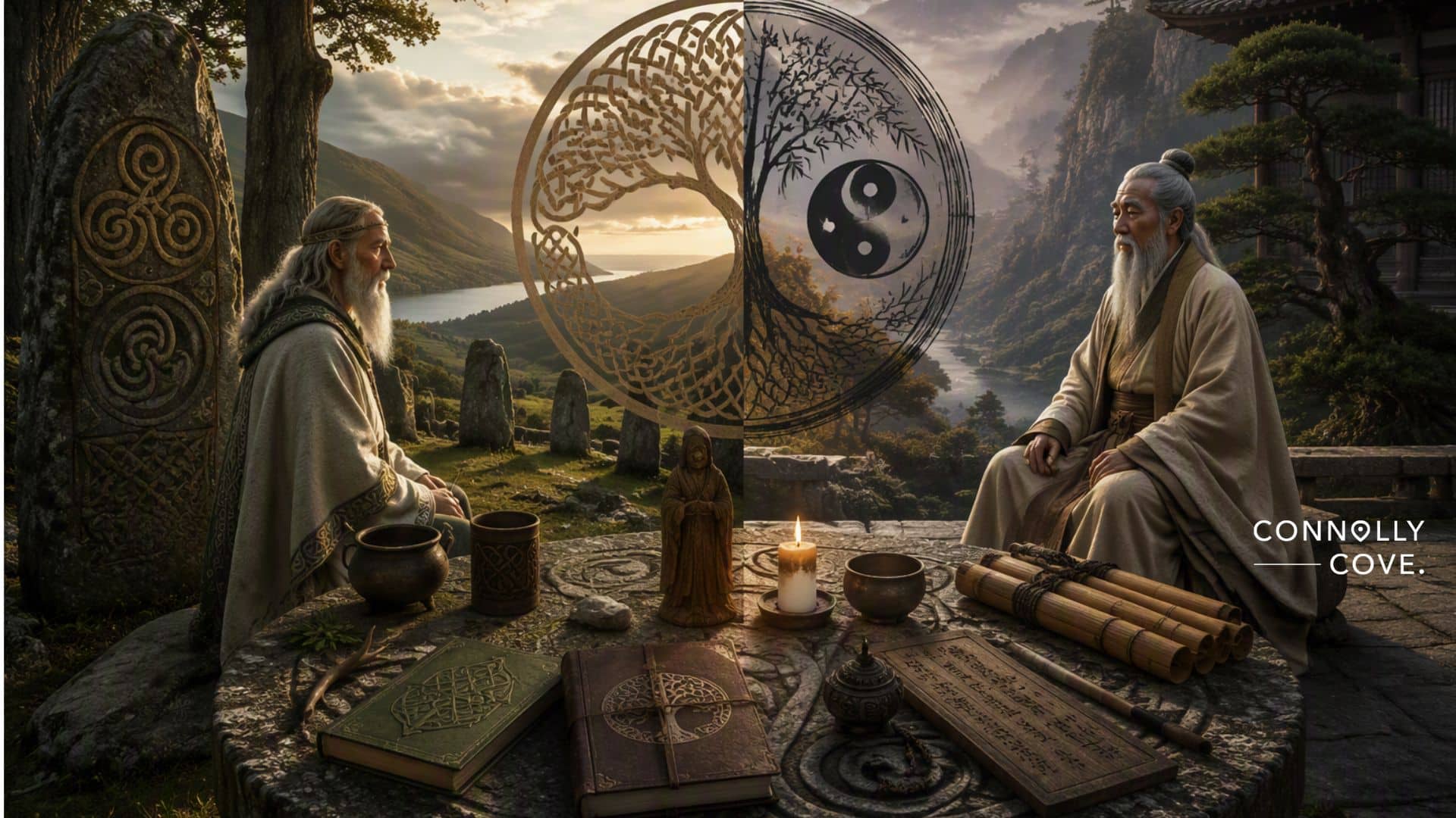 Two elderly men in robes, resembling Celtic Druids, sit outdoors by ancient books and candles, facing each other. Behind them is a large yin-yang tree symbol, overlooking a river valley and distant mountains. The text CONNOLLY COVE appears on the right.