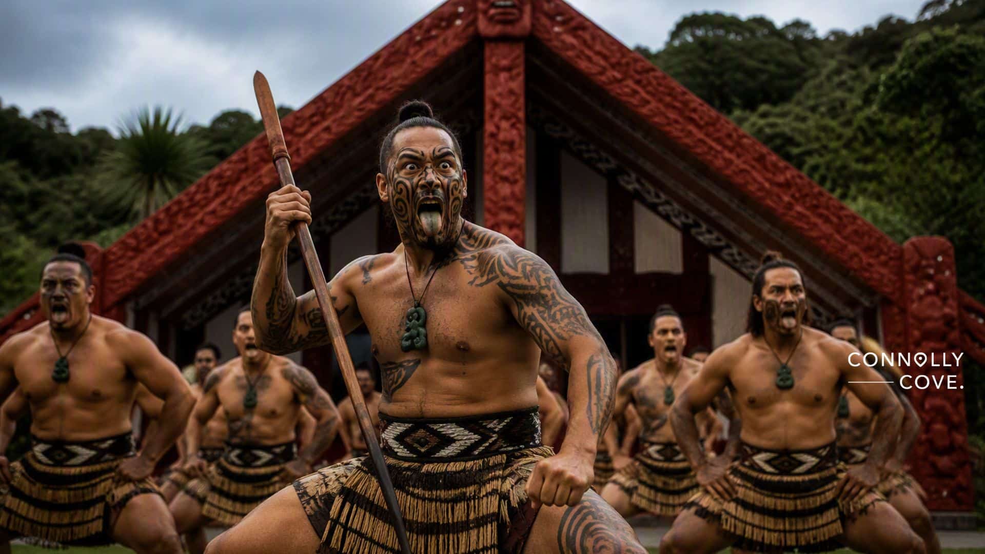 A group of Māori men in traditional dress perform a powerful Maori Haka in front of a carved wooden building in New Zealand, with one man holding a spear and leading the chant.