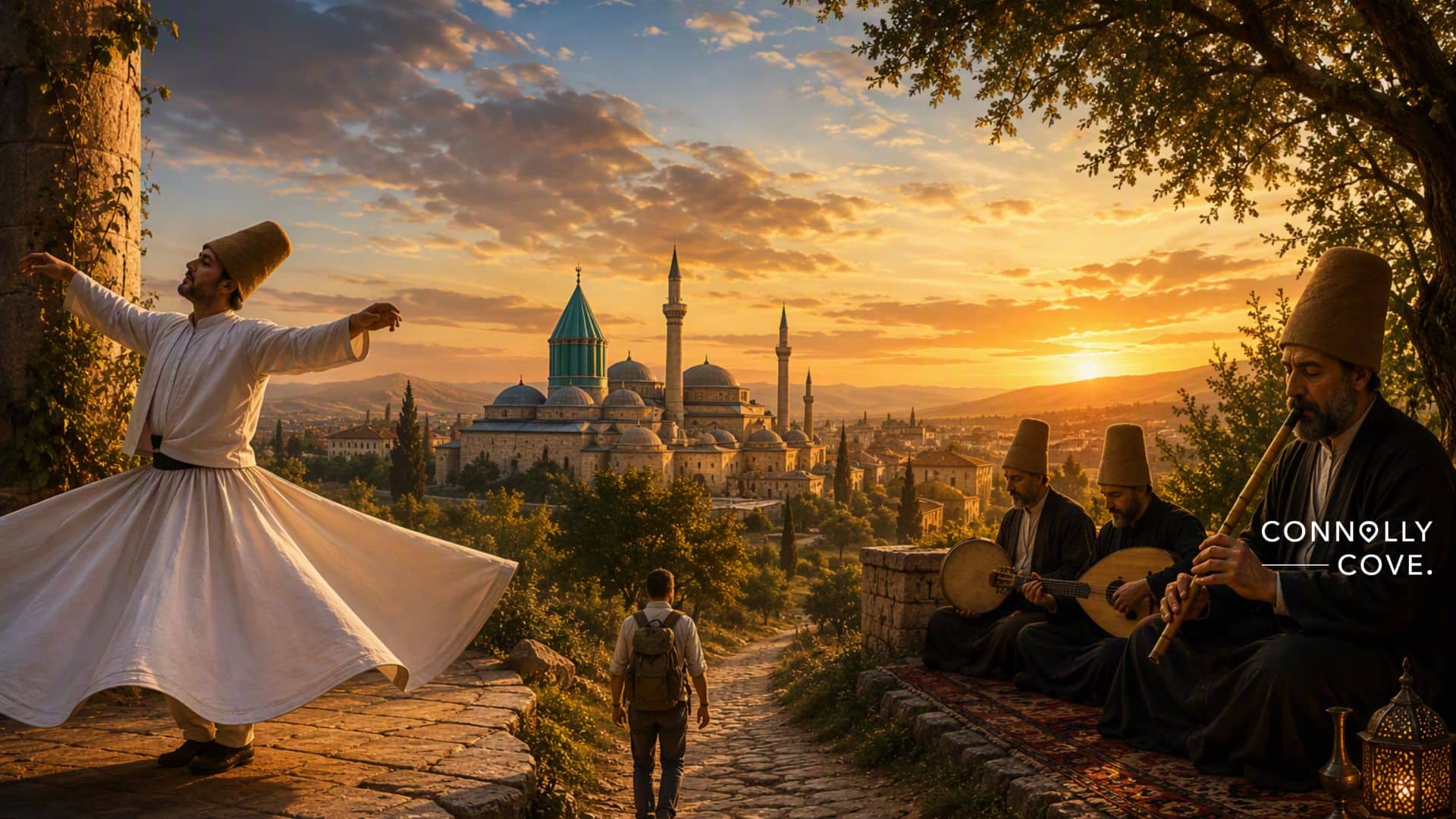 A whirling dervish dances at sunset near musicians playing traditional instruments, with a cityscape and mosque in the background under a dramatic sky. Echoing the ancient spirit of Sufism and the historic Sufi trail, a person with a rucksack walks towards the city. Text reads: Connolly Cove.