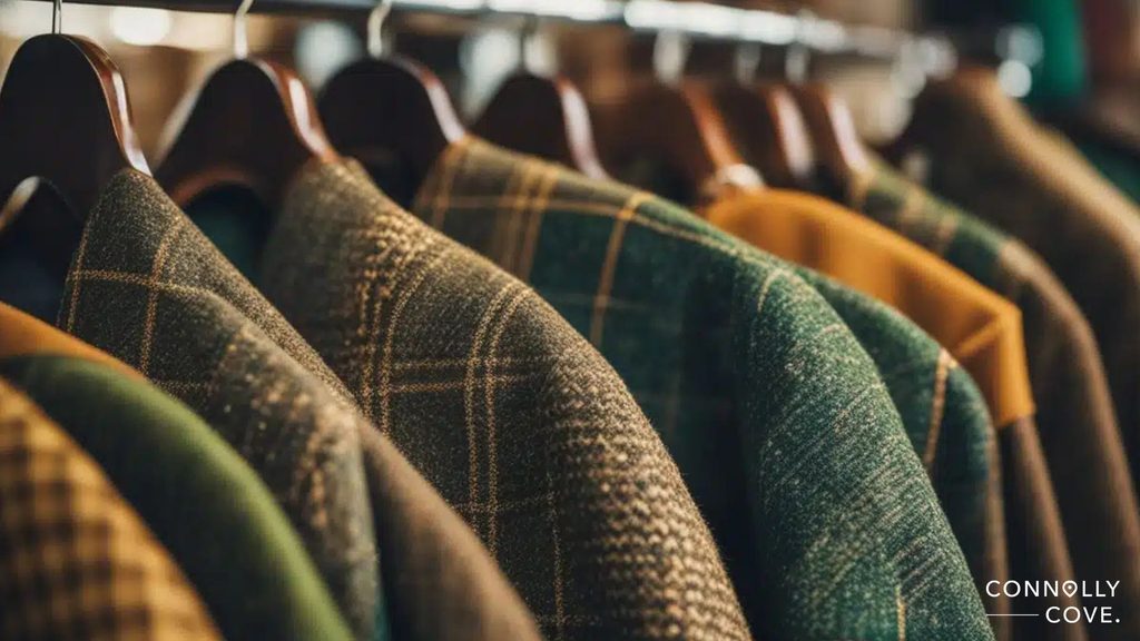 A row of checked and patterned wool jackets, inspired by elements of traditional Irish dress, hanging on wooden hangers on a clothes rail. The Connolly Cove logo appears in the lower right corner.
