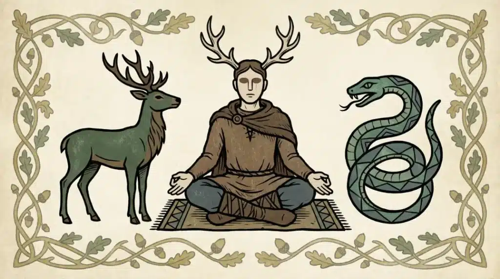 Illustration of Cernunnos, the antlered Gaulish god, seated between a stag and a coiled serpent