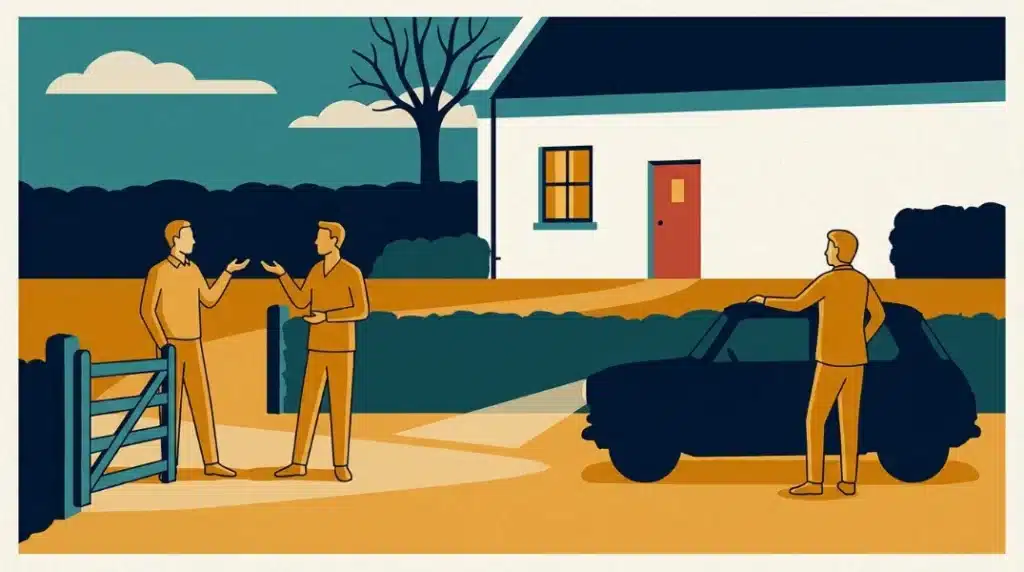 Flat illustration of neighbours still talking at a garden gate while a car waits with its lights on