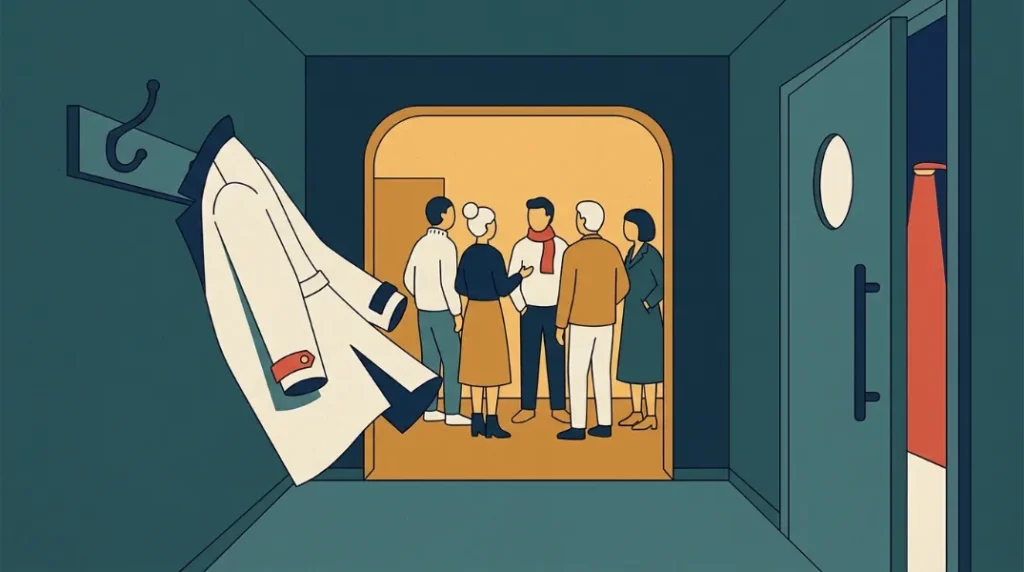 Flat illustration of a coat lifted from a hook by the front door as a party continues unnoticed