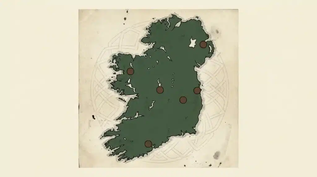 Illustrated map of Ireland marking six sites linked to the Celtic gods, from Tara to Rathcroghan