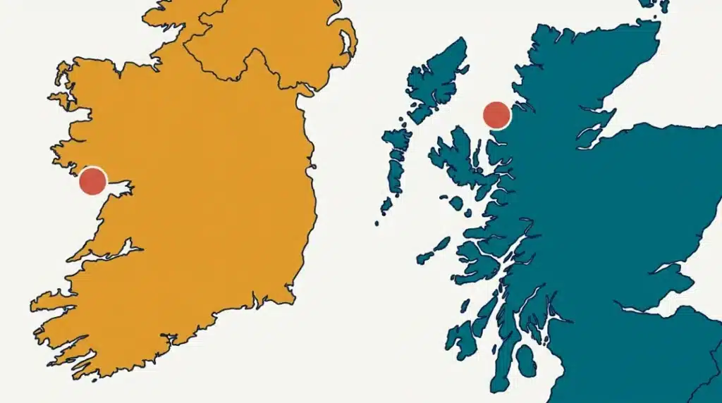Flat map of Ireland and Scotland showing where Irish and Scottish Gaelic are spoken, marked in colour