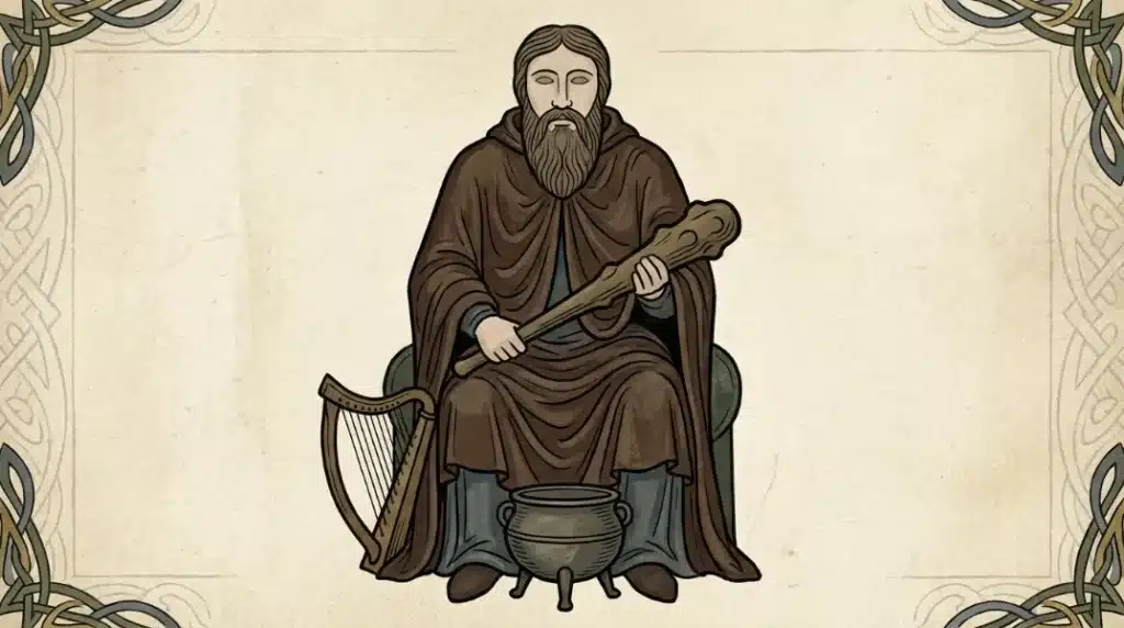Illustration of the Dagda, chief of the Celtic gods of Ireland, with his club, harp and cauldron