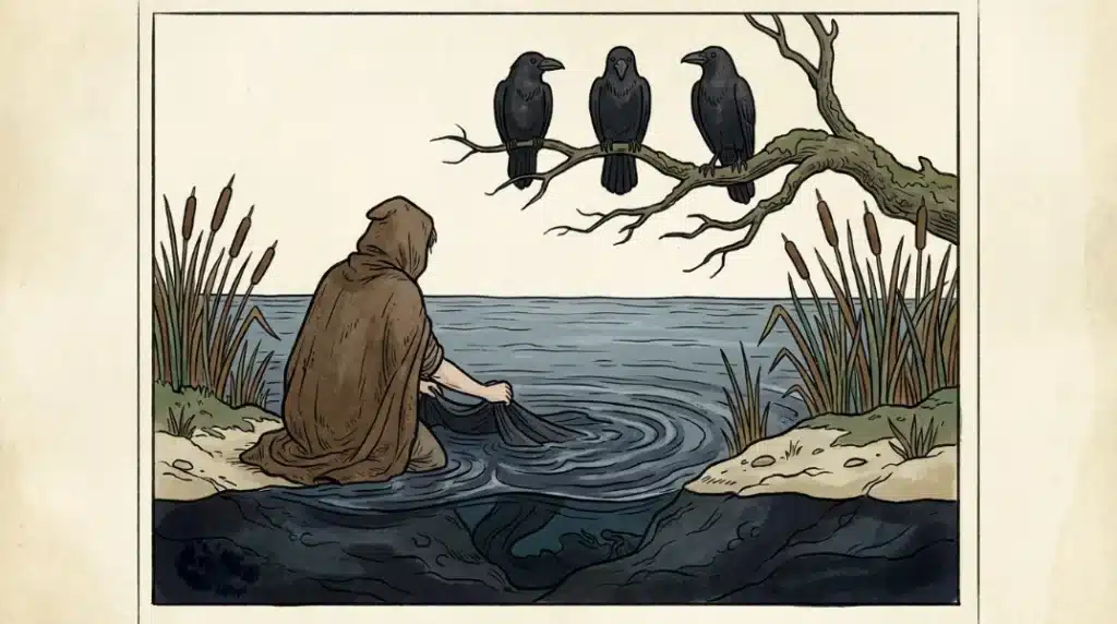 Illustration of the Morrígan as the washer at the ford with three crows, a Celtic goddess of war