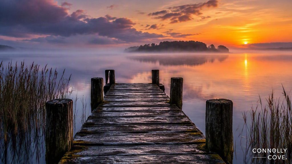 A wooden jetty extends into the misty, calm waters of Lough Neagh at sunrise, with a distant island silhouetted against the orange sky.